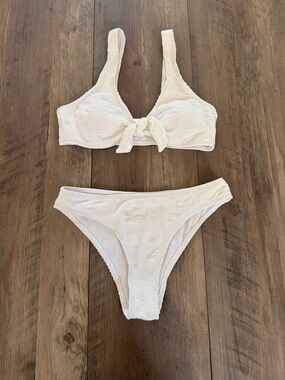 Textured White Tie-Front Bikini Set